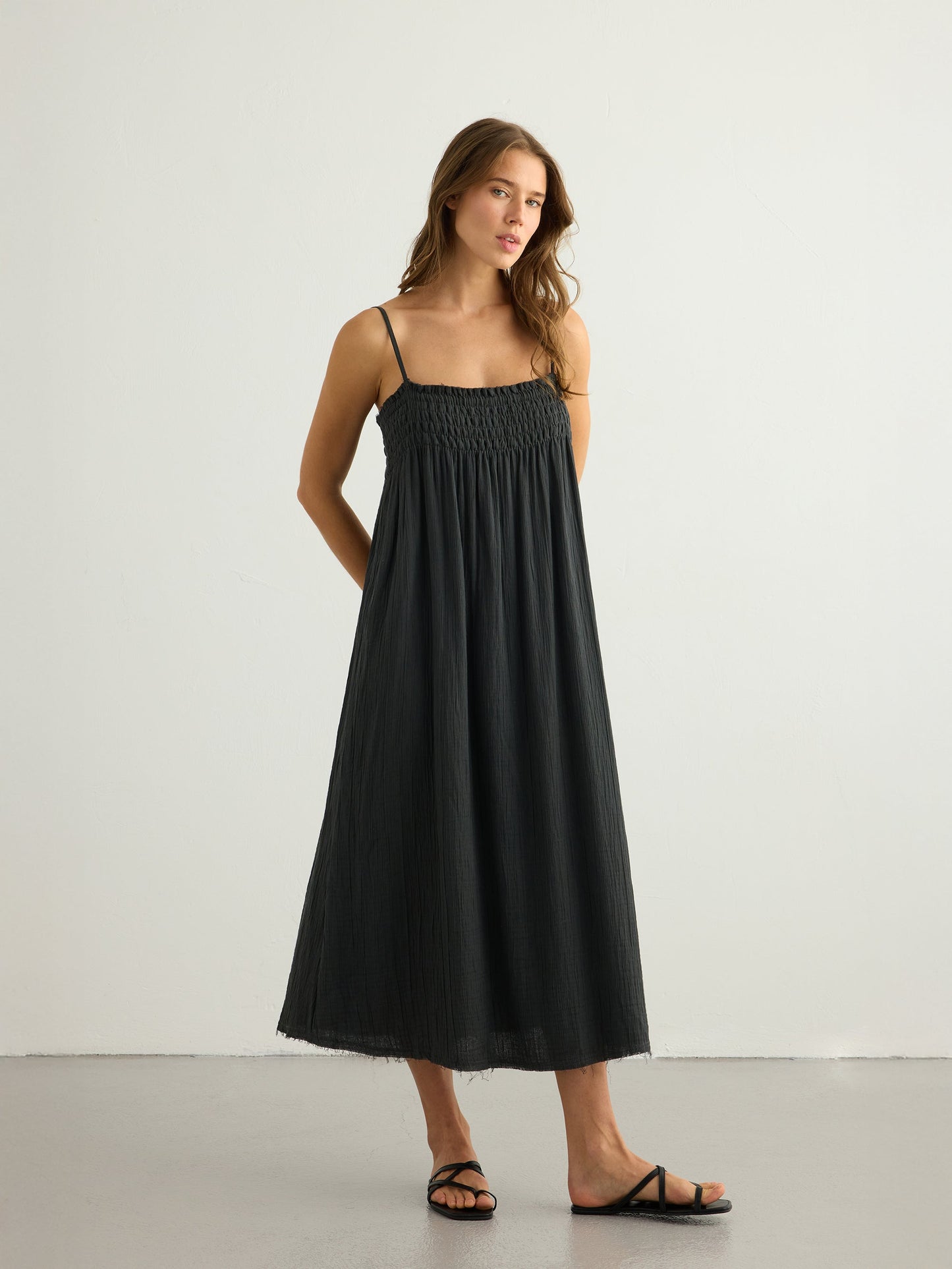 Kaya Smocked Maxi Dress - Charcoal
