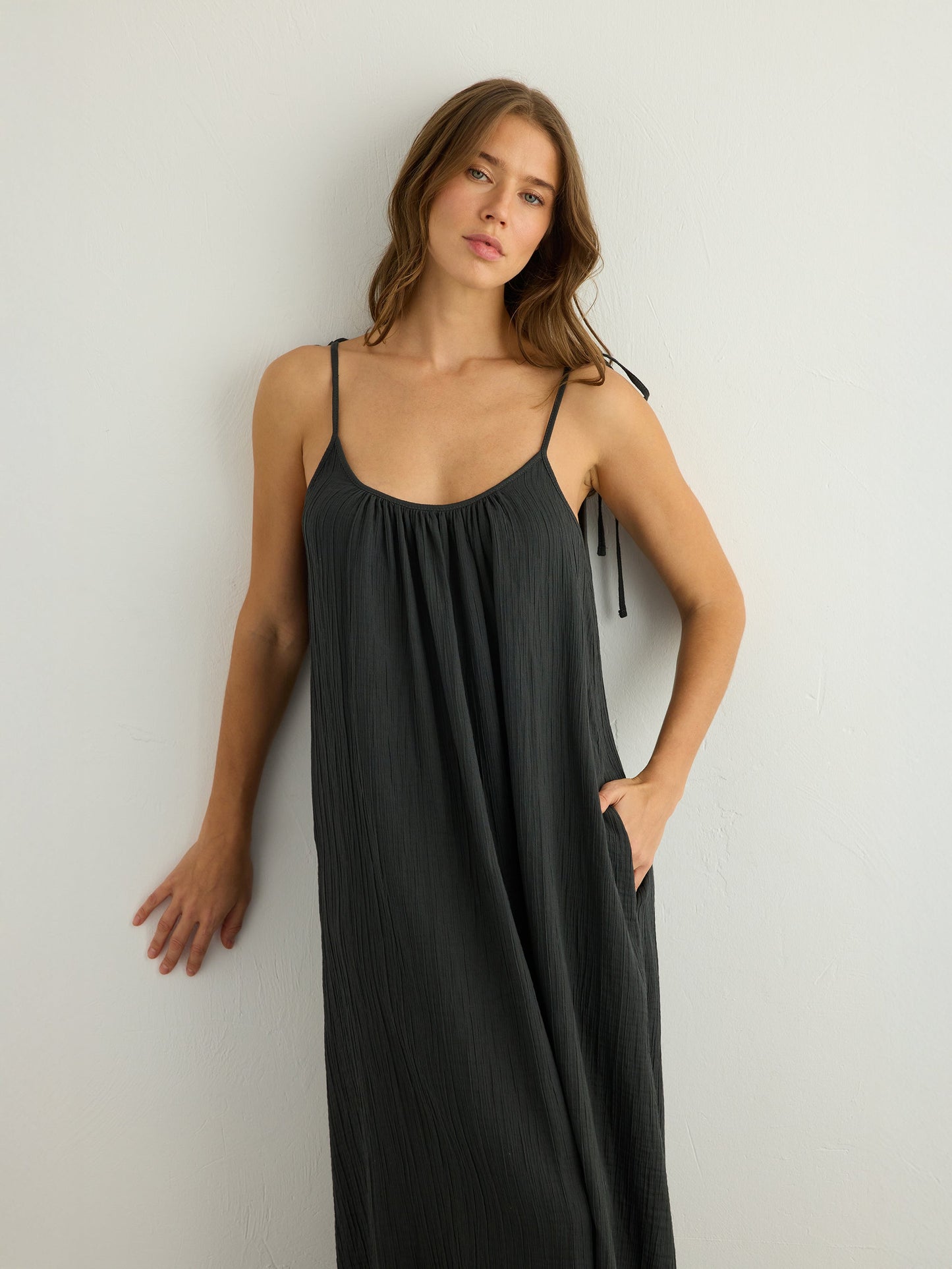 Kaya Tie Strap Maxi Dress - Charcoal