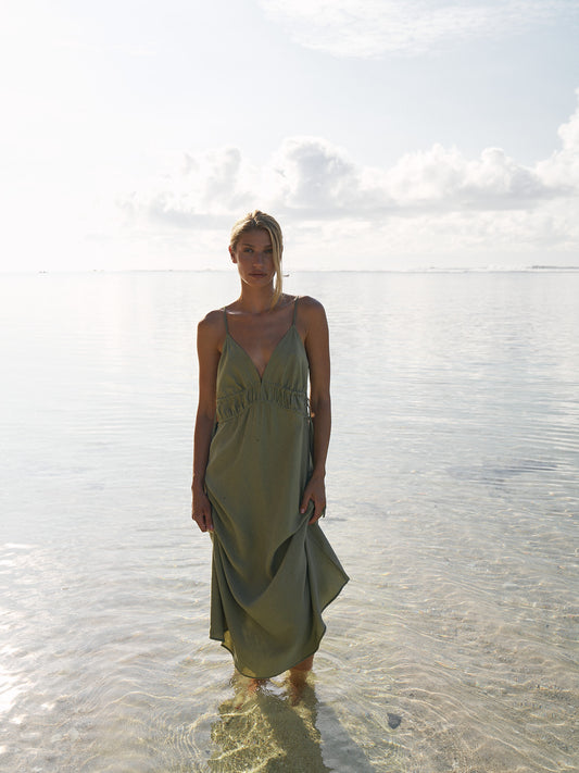 Sofia Ties Maxi Dress - Khaki Green