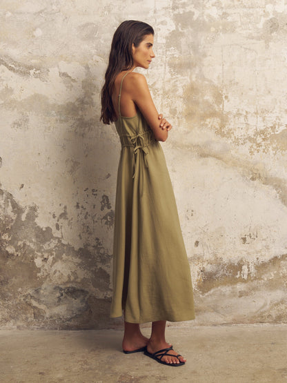 Sofia Ties Maxi Dress - Khaki Green