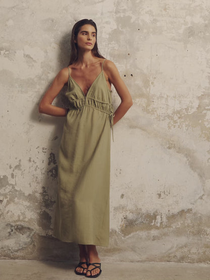 Sofia Ties Maxi Dress - Khaki Green