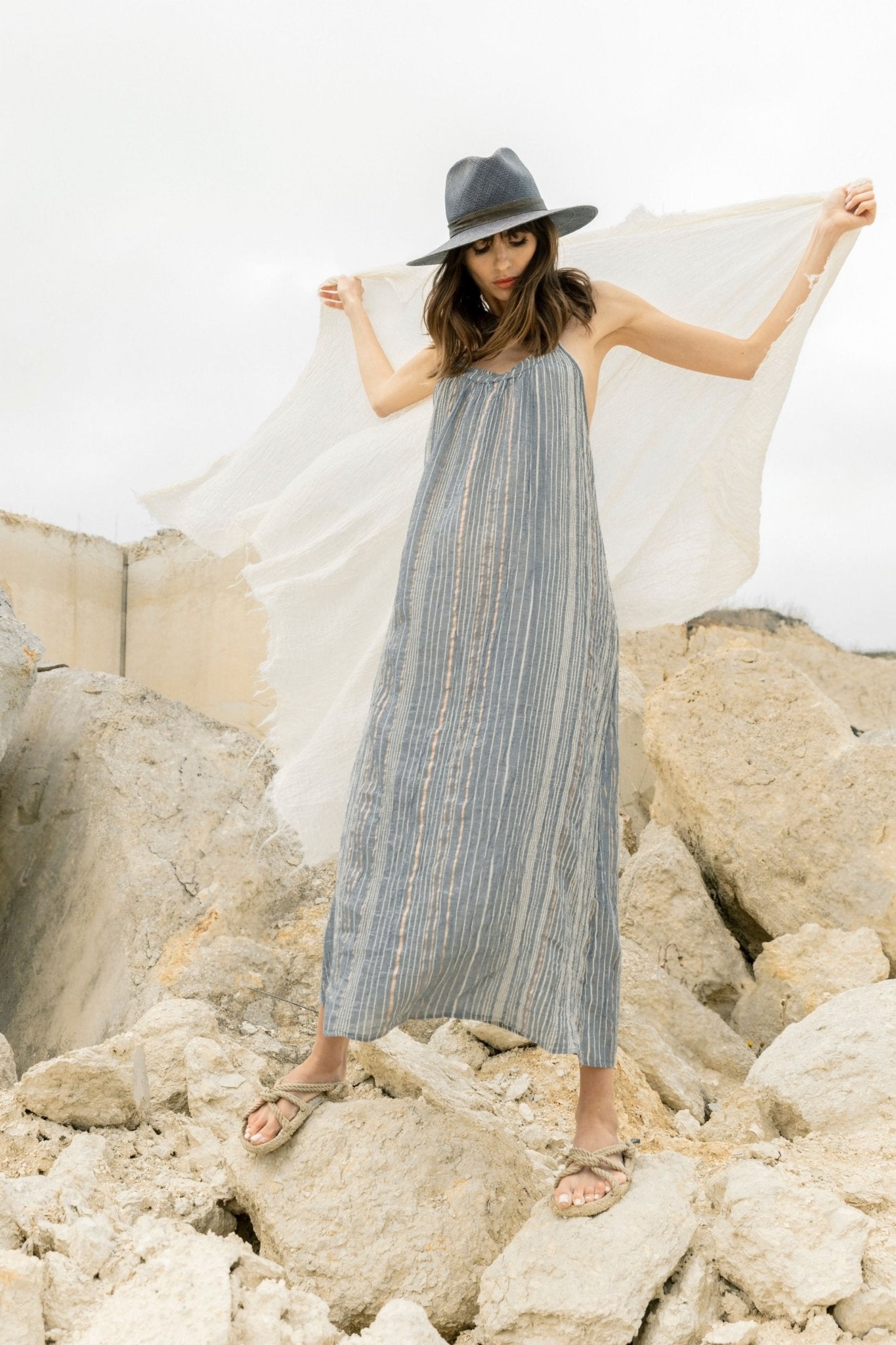 Canggu Maxi Dress Navy With Stripes - The Handloom