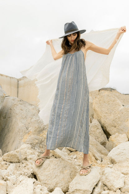 Canggu Maxi Dress Navy With Stripes - The Handloom