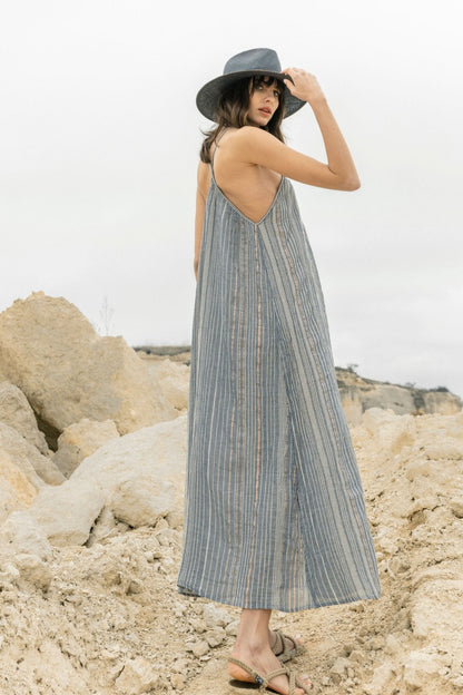 Canggu Maxi Dress Navy With Stripes - The Handloom