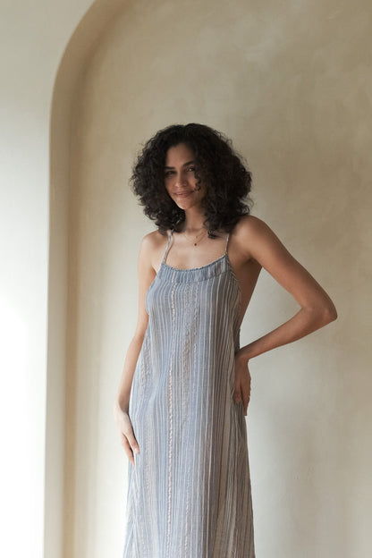 Canggu Maxi Dress Navy With Stripes - The Handloom